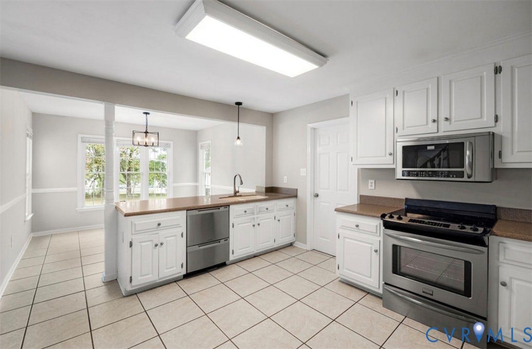 2912 Appleford Drive, Longmeadow, Chester, VA 23831 Kitchen featuring white cabinetry, stainless steel appliances, tile flooring, and a breakfast bar