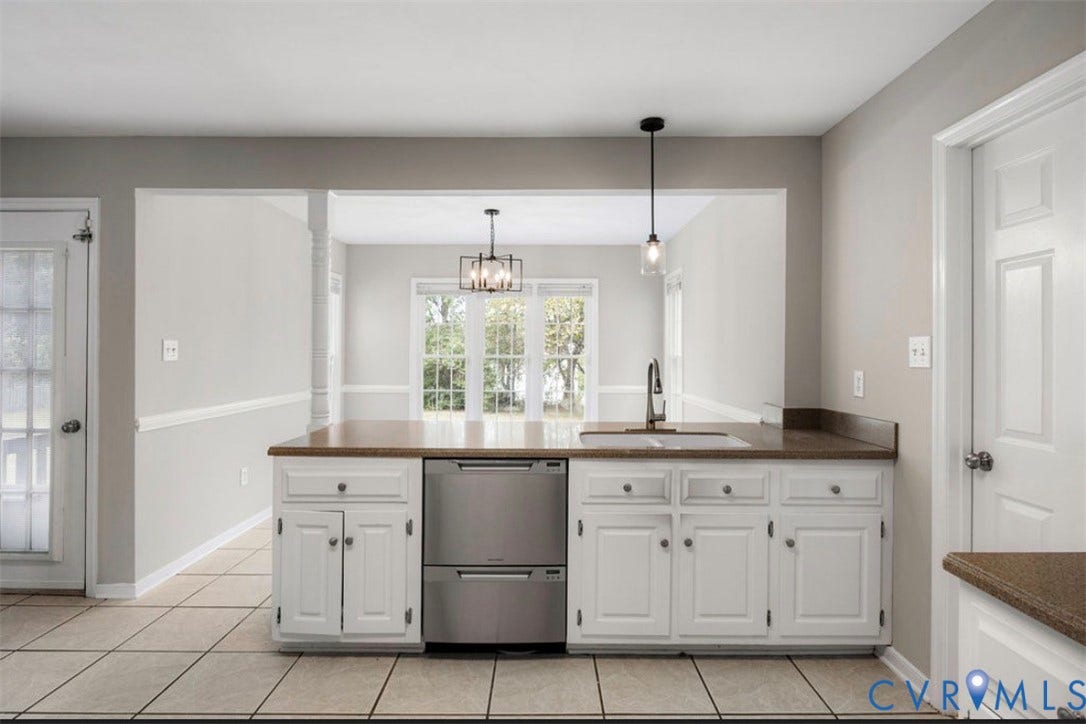 2912 Appleford Drive, Longmeadow, Chester, VA 23831 Kitchen island with white cabinetry, stainless steel dishwasher, undermount sink, and a single-handle faucet