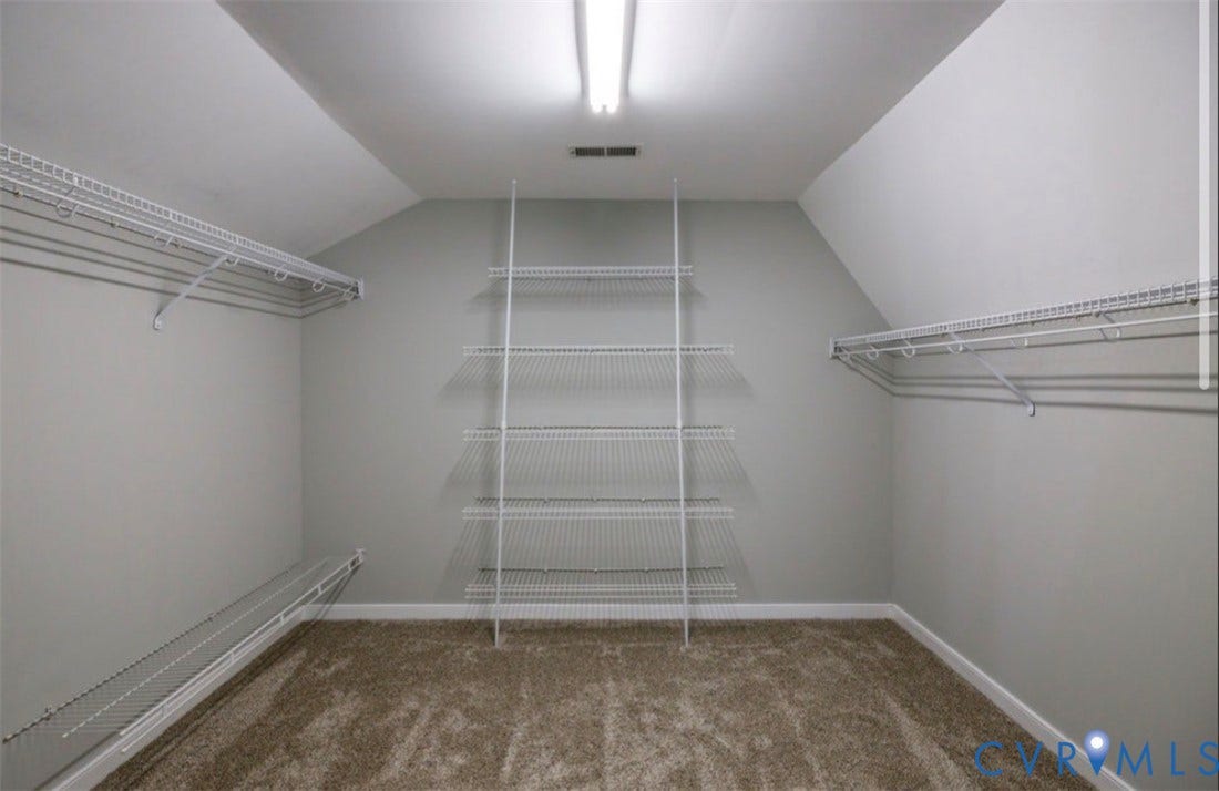 2912 Appleford Drive, Longmeadow, Chester, VA 23831 Carpeted closet space featuring sloped ceilings, track lighting, and extensive wire shelving