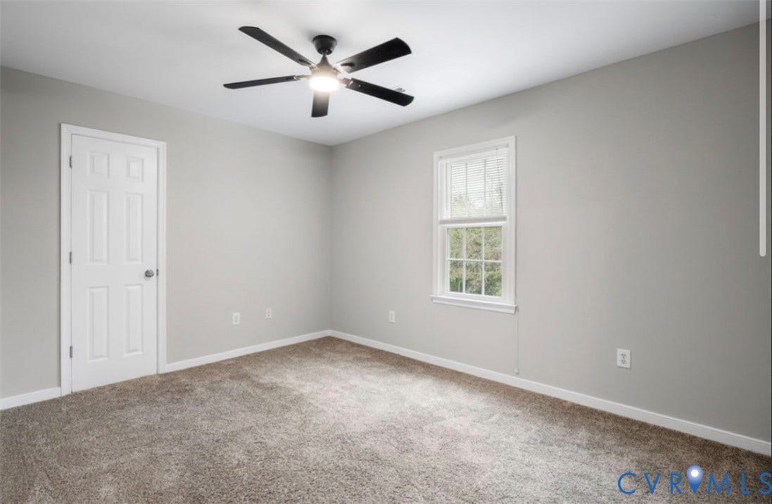 2912 Appleford Drive, Longmeadow, Chester, VA 23831 Neutral wall tones, carpeted flooring, a ceiling fan with integrated lighting, and a white-framed window