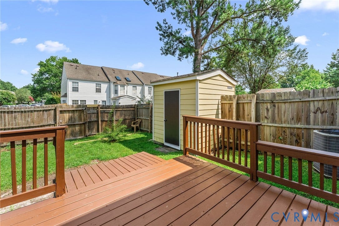 10111 Robin Lee Lane, Henrico, VA 23060 Expansive wooden deck with a finished railing, private fenced yard, and a detached storage shed