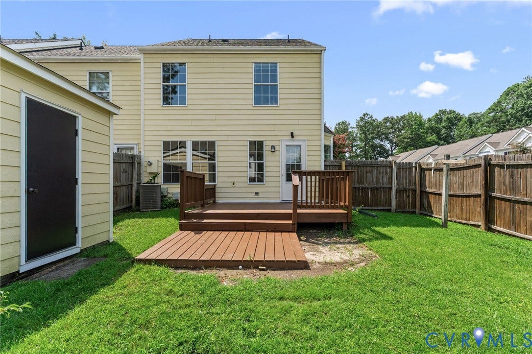10111 Robin Lee Lane, Henrico, VA 23060 Spacious backyard oasis featuring a multi-level composite deck with built-in seating, mature landscaping with established trees, and lush lawn