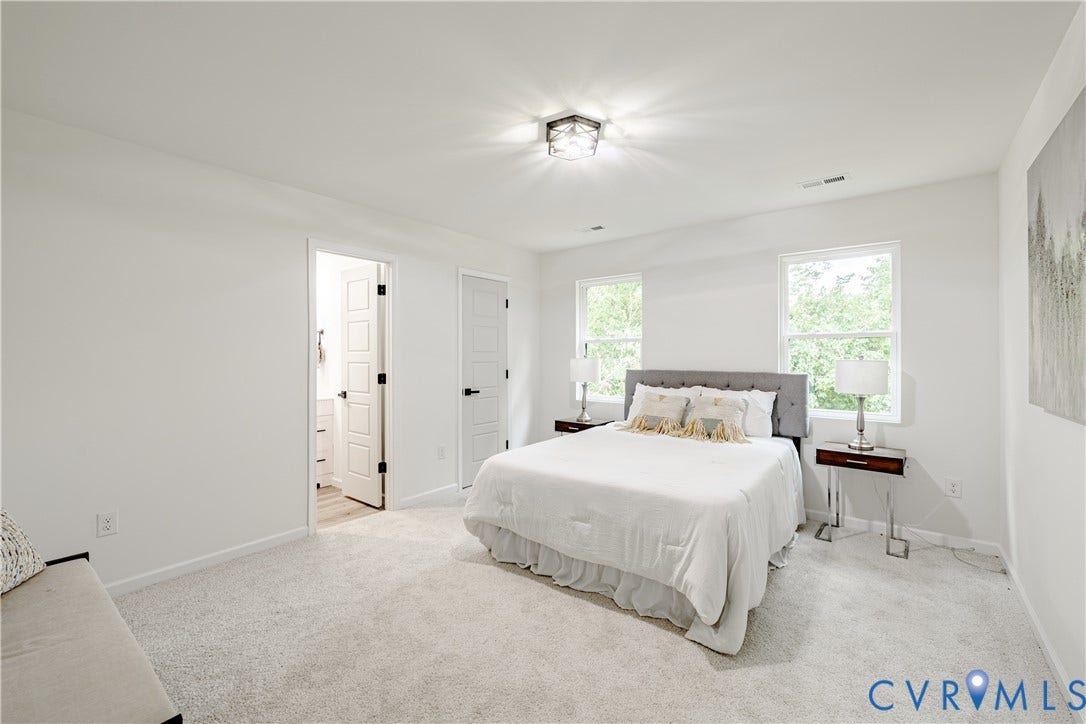 1514 Custer Street, Richmond, VA 23222 Neutral color palette bedroom featuring two windows with natural light, plush light-toned carpeting, a modern ceiling light fixture, and a paneled interior door