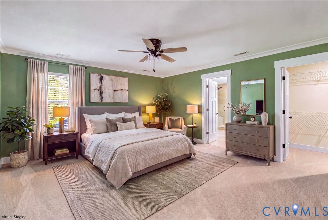 **Virtually Staged**
Carpeted flooring, ceiling fan, and window with blinds
