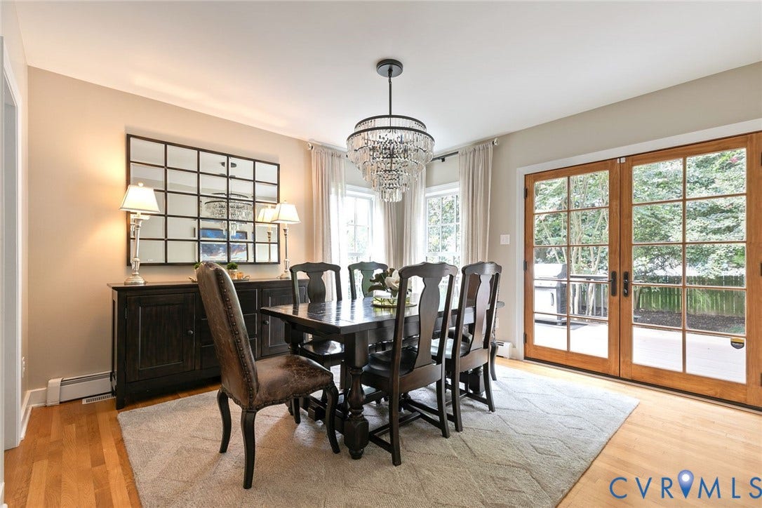 14 Libbie Avenue, Libbie/Grove, Richmond, VA 23226 Dining area featuring wood-finish flooring, a crystal chandelier, and large paneled patio doors