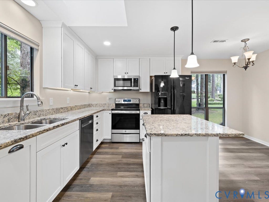 508 Smoketree Place, Chesterfield, VA 23236 Kitchen featuring white cabinetry, a large island with seating, stainless steel appliances, Skylight and pendant lighting.