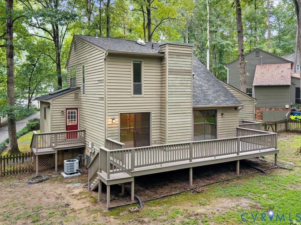 508 Smoketree Place, Chesterfield, VA 23236 Rear exterior featuring an expansive wood deck, two sets of sliding glass doors, horizontal siding, and a red Kitchen entry door