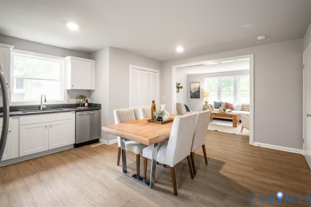 4400 Treely Road, Chesterfield, VA 23831 Open-concept kitchen and dining area featuring wood-finish flooring, white cabinetry, dark countertops, and recessed lighting
