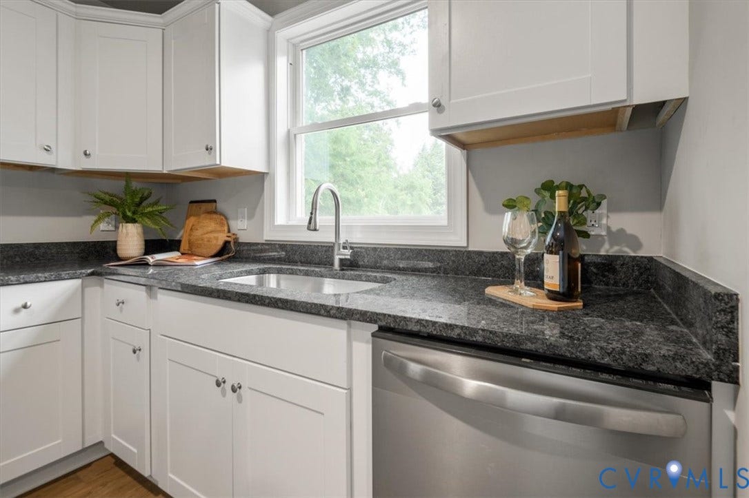 4400 Treely Road, Chesterfield, VA 23831 Kitchen featuring white shaker-style cabinetry, dark granite countertops, stainless steel undermount sink, and stainless steel dishwasher