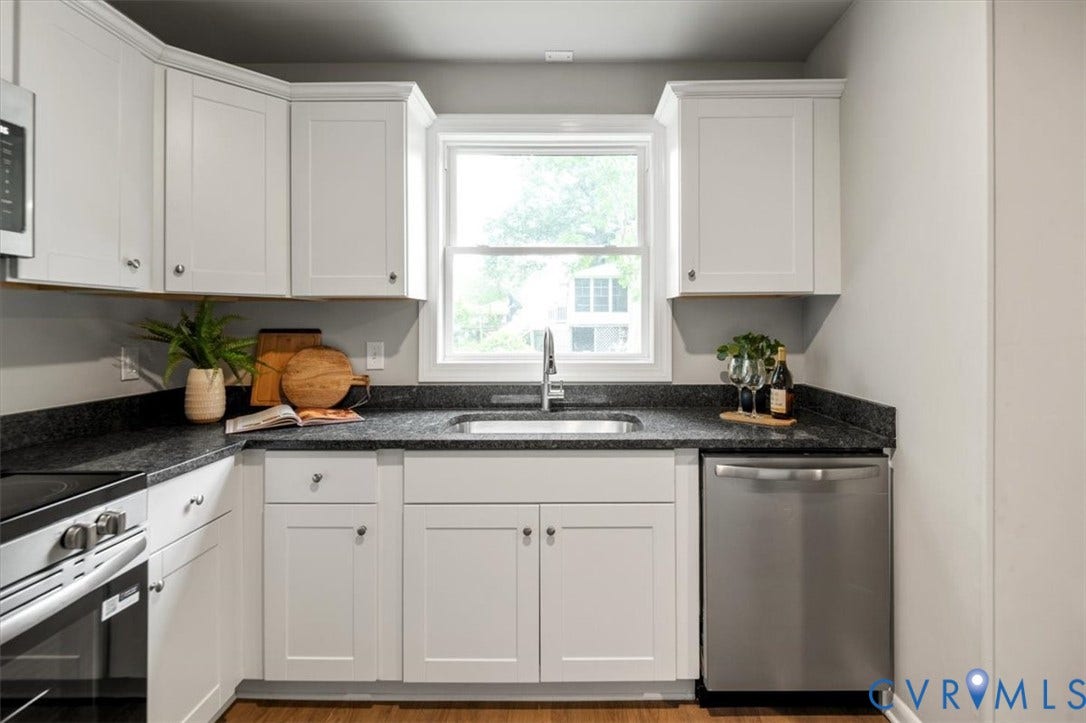 4400 Treely Road, Chesterfield, VA 23831 Kitchen featuring white cabinetry, dark speckled countertops, and stainless steel appliances
