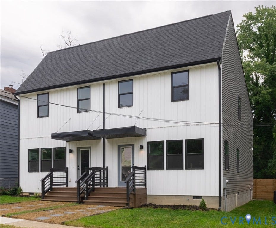 1516 Custer Street, Richmond, VA 23222 Modern duplex exterior featuring white vertical siding with dark trim, a dark asphalt shingle roof, and grey horizontal siding on the side elevation