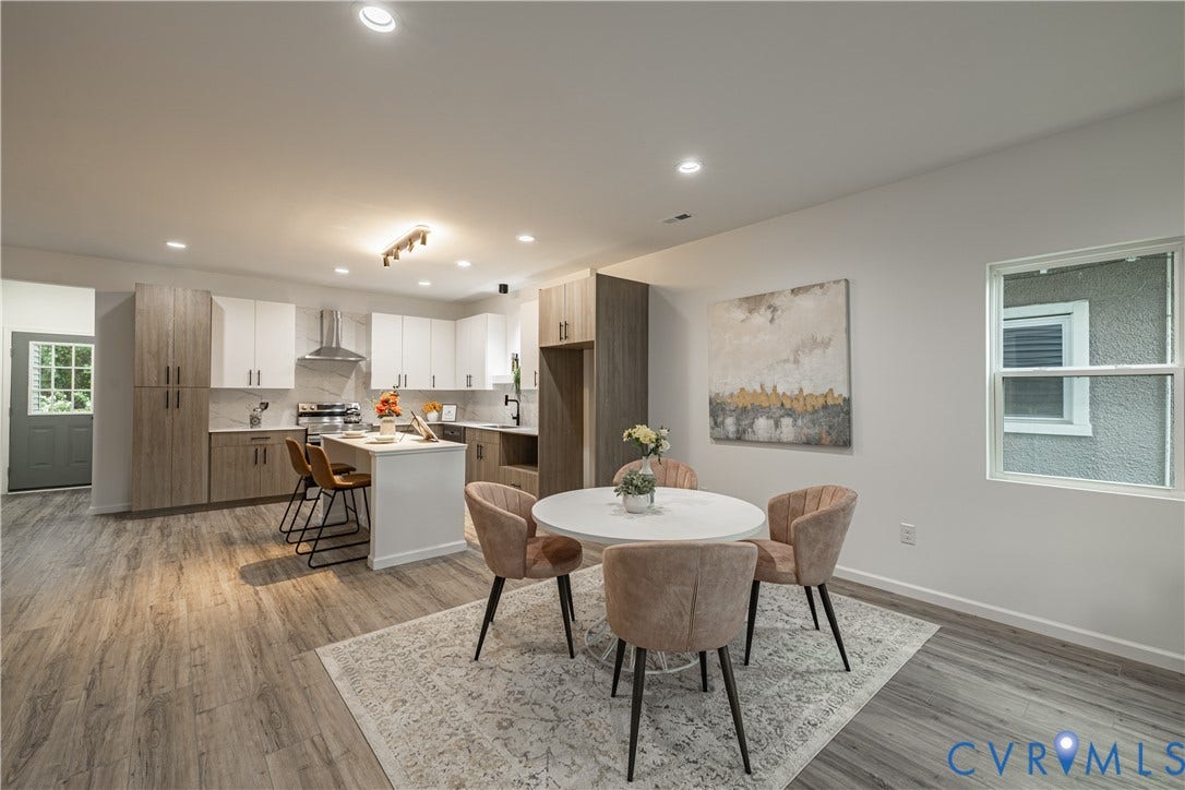1516 Custer Street, Richmond, VA 23222 Open-concept kitchen and dining area featuring wood-finish flooring, recessed lighting, and a white kitchen island