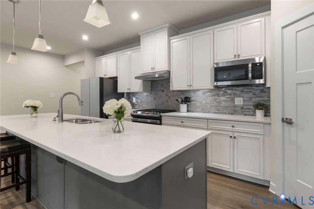 6249 Deer Summit Court, Charleston Club, Moseley, VA 23120 Central island with integrated sink, white cabinetry, stainless steel appliances, wood-finish flooring, and a tiled backsplash