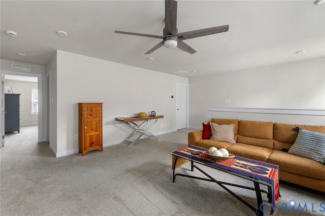 6249 Deer Summit Court, Charleston Club, Moseley, VA 23120 Recessed lighting, wood-finish ceiling fan with integrated light, light-toned carpeting, walk-in attic storage