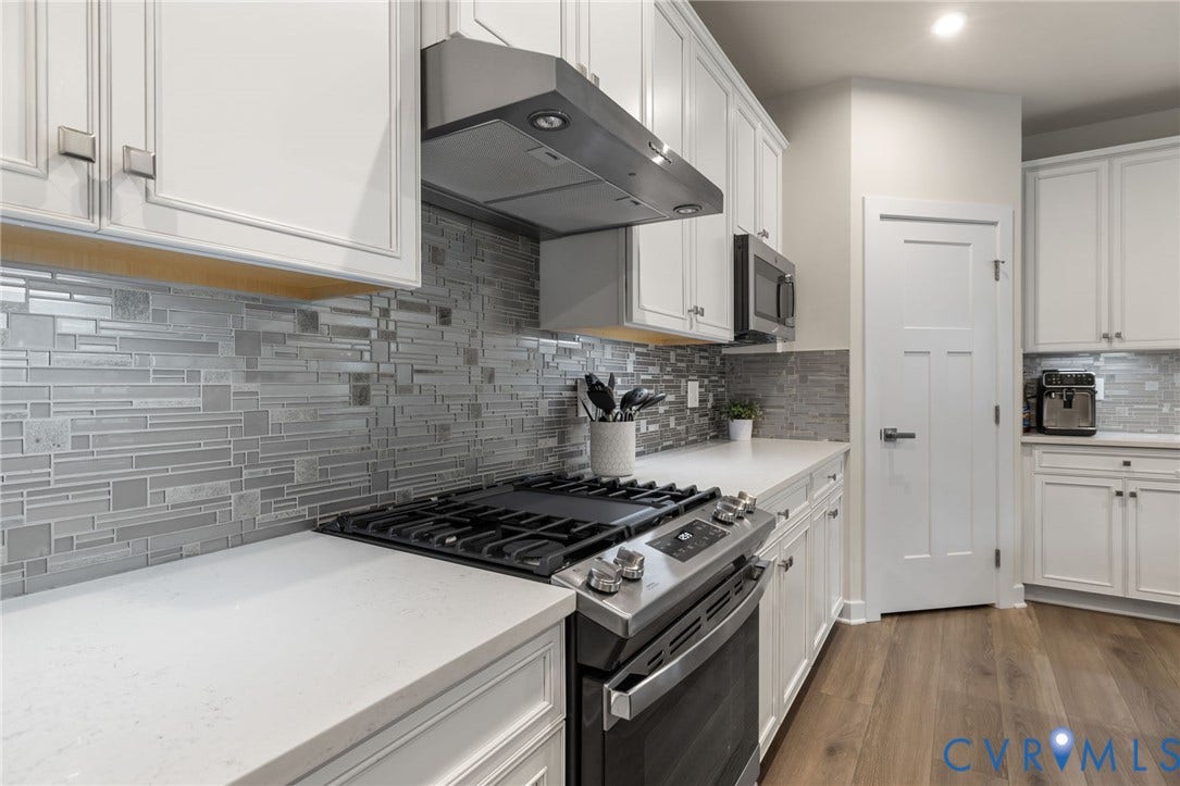 6249 Deer Summit Court, Charleston Club, Moseley, VA 23120 White cabinetry, stainless steel appliances, backsplash, quartz countertops, and LVP