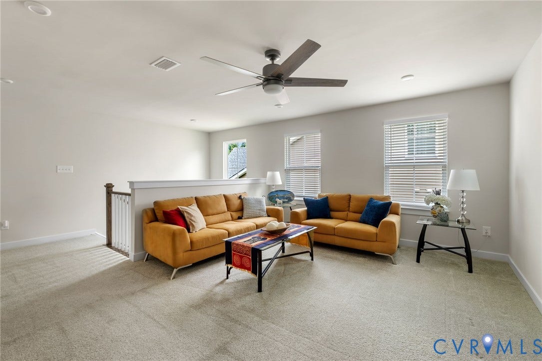 6249 Deer Summit Court, Charleston Club, Moseley, VA 23120 Carpeted loft space featuring multiple windows, a ceiling fan, and recessed lighting