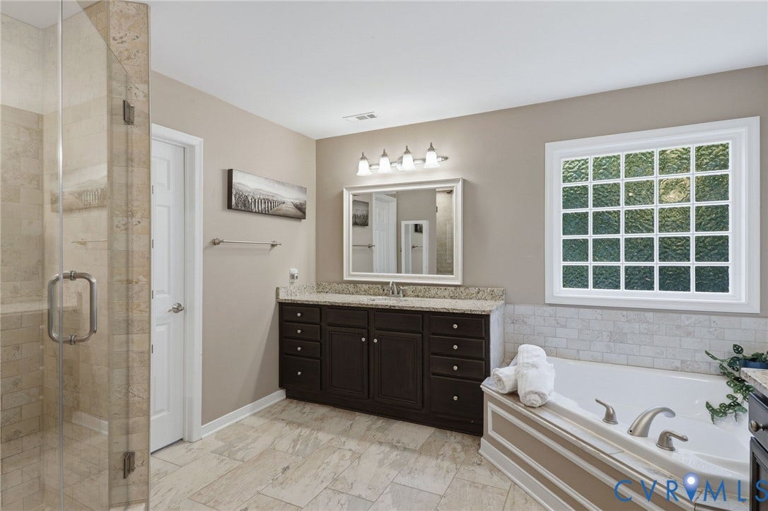7618 Hampton Green Drive, Chesterfield, VA 23832 Tiled walk-in shower with glass enclosure and built-in bench