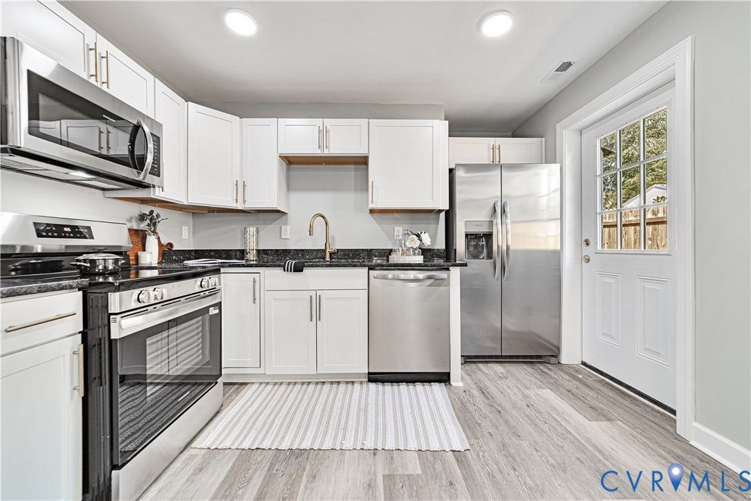 4502 Bunn Avenue, Fulton, Richmond, VA 23231 Modern kitchen featuring white cabinetry, dark countertops, and stainless steel appliances