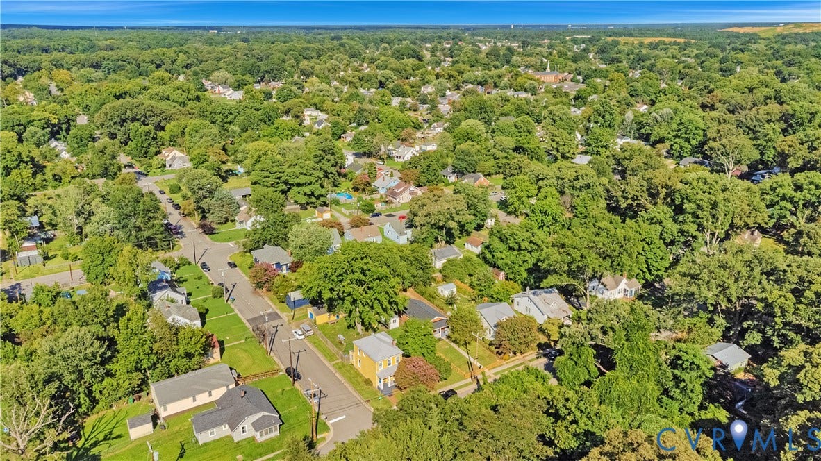 4502 Bunn Avenue, Fulton, Richmond, VA 23231 Aerial perspective showcasing a residential neighborhood with extensive tree canopy