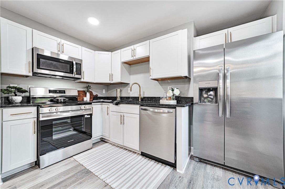 4502 Bunn Avenue, Fulton, Richmond, VA 23231 Modern kitchen featuring white cabinetry with gold-tone hardware, dark countertops, and wood-finish flooring