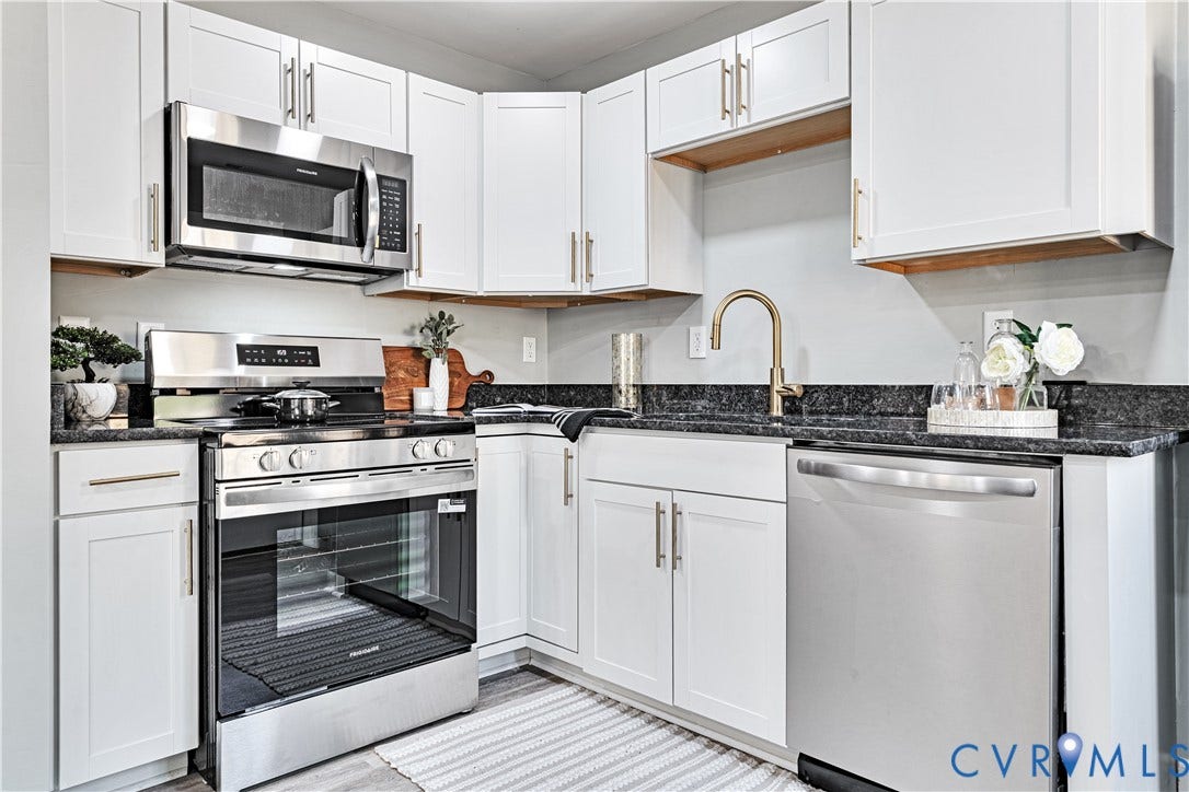 4502 Bunn Avenue, Fulton, Richmond, VA 23231 Kitchen featuring white cabinetry with gold-toned hardware, dark stone countertops, and stainless steel appliances including a range, microwave, and dishwasher