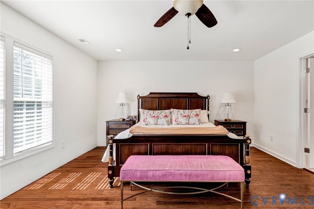 14379 Michaux Village Drive, Winterfield Park, Midlothian, VA 23113 Bedroom featuring wood-finish flooring, white walls, and a ceiling fan with integrated lighting