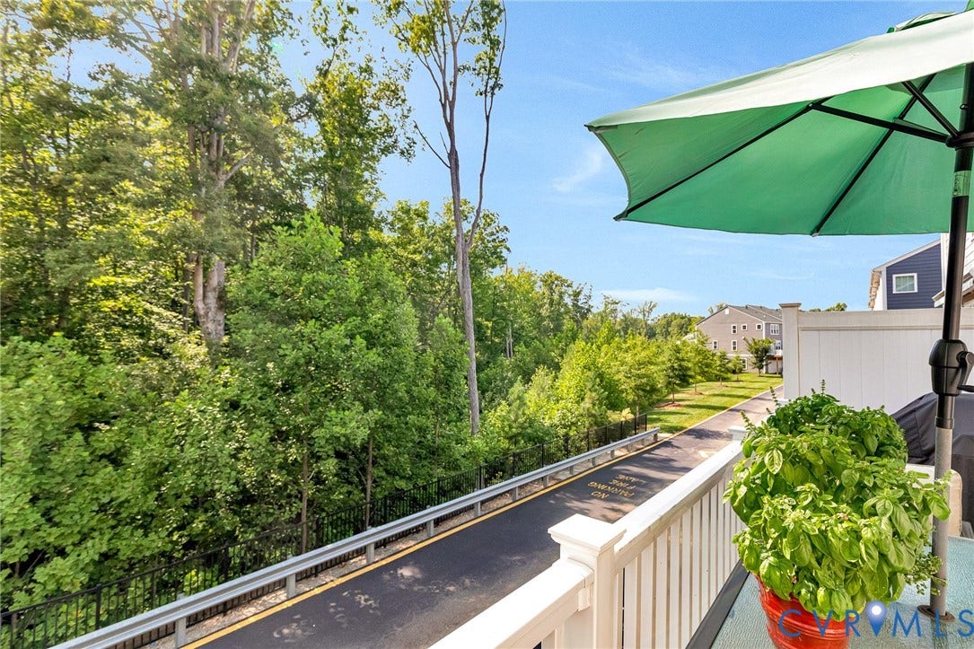 14379 Michaux Village Drive, Winterfield Park, Midlothian, VA 23113 Outdoor balcony with white railings, a paved private road, and a surrounding tree line
