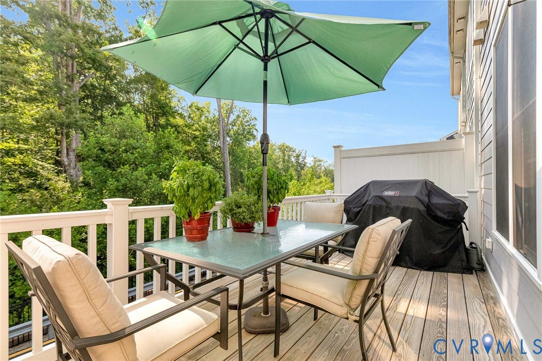 14379 Michaux Village Drive, Winterfield Park, Midlothian, VA 23113 Outdoor deck featuring natural wood-finish flooring, white railing, and a privacy fence. Plenty of room to grille and lots of seating area to enjoy your private oasis.