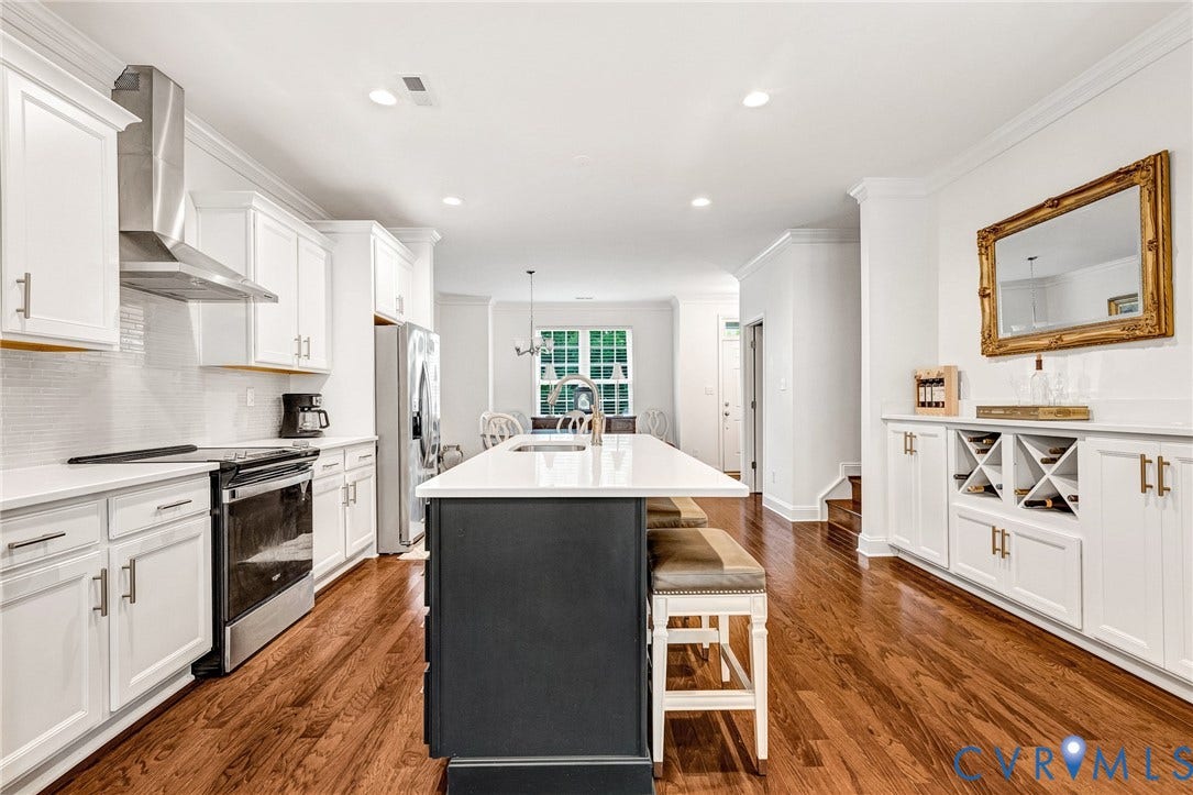 14379 Michaux Village Drive, Winterfield Park, Midlothian, VA 23113 Modern kitchen featuring a central island with seating, white shaker cabinetry, stainless steel appliances, and wood-finish flooring