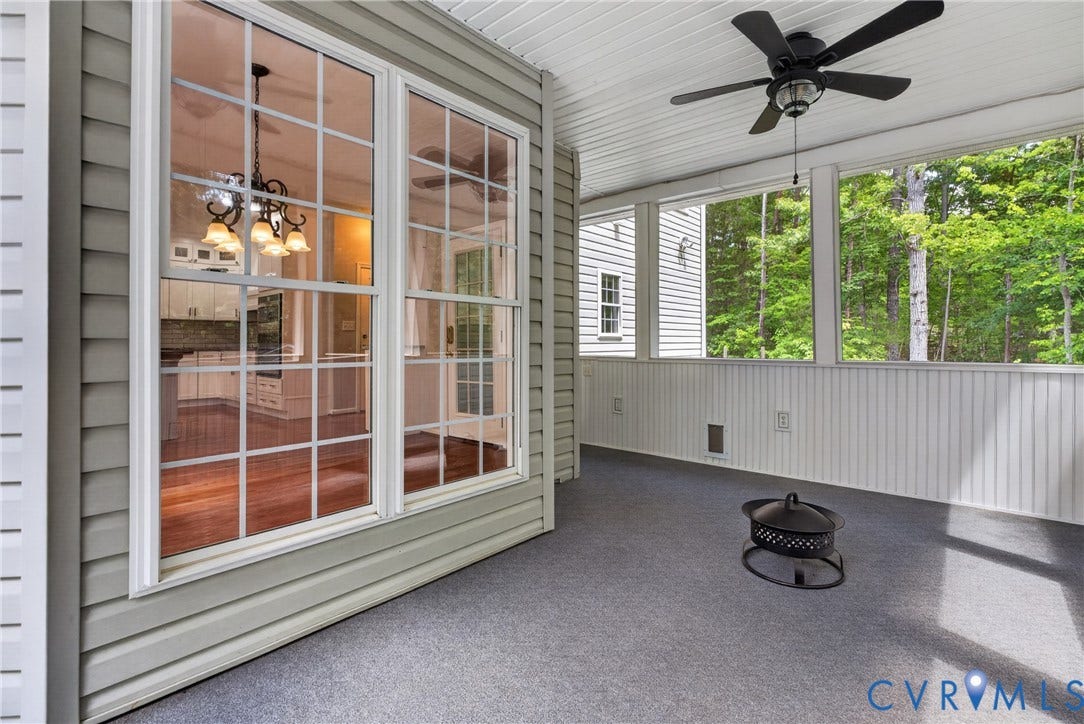 381 Shorewood Drive, Shorewood, Mineral, VA 23117 Screened porch featuring light gray siding, white beadboard wainscoting, and a dark gray carpeted floor