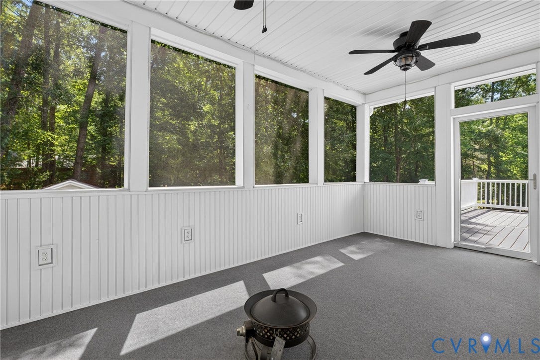 381 Shorewood Drive, Shorewood, Mineral, VA 23117 Screened porch with beadboard accent walls and a ceiling fan