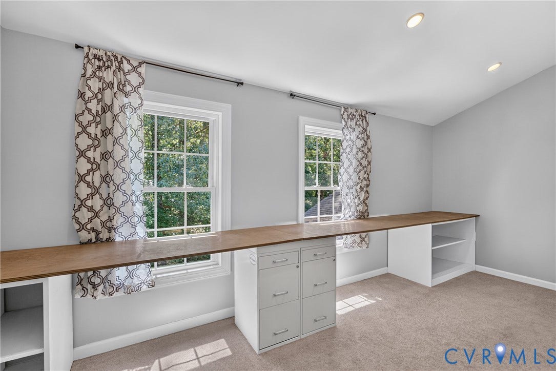 381 Shorewood Drive, Shorewood, Mineral, VA 23117 Loft space at the top of the rear stairwell landing -featuring two windows, an extended built-in wood-finish desk, recessed lighting, and carpet flooring
