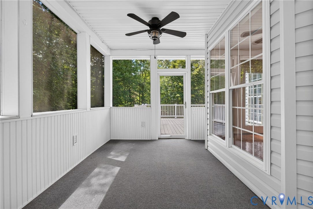 381 Shorewood Drive, Shorewood, Mineral, VA 23117 Screened porch featuring a ceiling fan, gray carpet flooring, beadboard paneling, and an exterior door accessing an outdoor deck