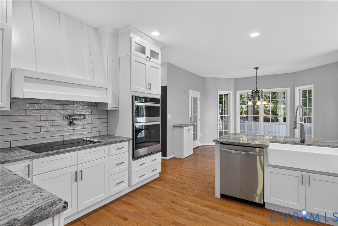 381 Shorewood Drive, Shorewood, Mineral, VA 23117 Modern kitchen featuring white cabinetry, granite countertops, hardwood flooring, built-in stainless steel appliances, and a farmhouse sink
