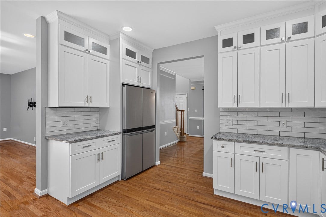 381 Shorewood Drive, Shorewood, Mineral, VA 23117 Kitchen featuring white shaker-style cabinetry, stainless steel appliances, granite countertops, and subway tile backsplash