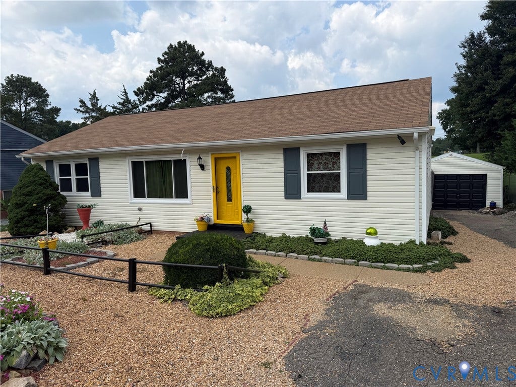 2206 Lancers Boulevard, Richmond, VA 23224 Ranch-style residence featuring light-colored horizontal siding, a brown asphalt shingle roof, and a vibrant yellow entry door