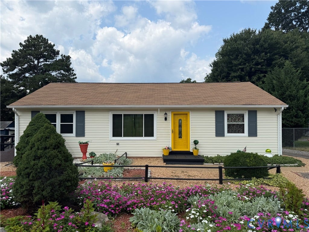 2206 Lancers Boulevard, Richmond, VA 23224 Cream-colored siding with dark grey shutters and a vibrant yellow entry door
