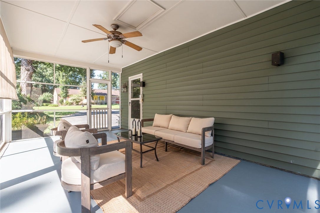 14613 Gimbel Drive, Chester, VA 23836 Screened porch featuring a ceiling fan, plank ceiling, and exterior siding