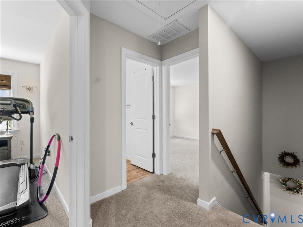 8200 Madeline Court, Strath Woods, Henrico, VA 23231 Carpeted hallway with painted walls, white trim, and doors leading to other rooms