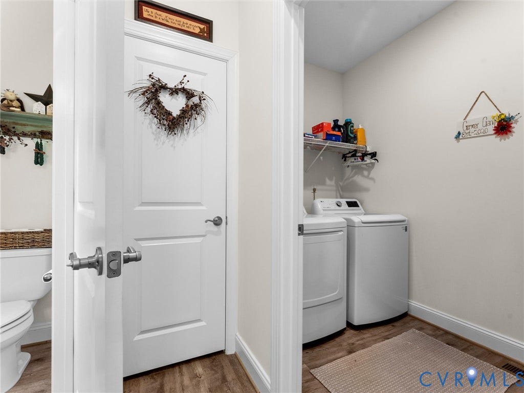 8200 Madeline Court, Strath Woods, Henrico, VA 23231 Dedicated laundry area featuring wood-finish flooring and a wall-mounted shelving unit