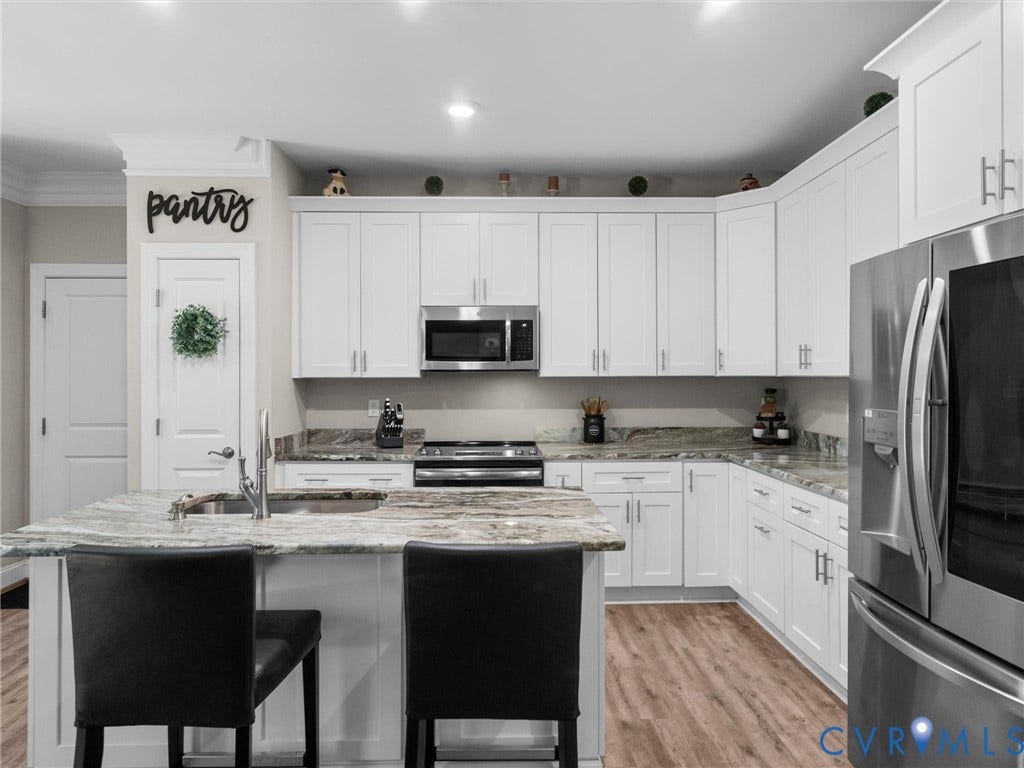 8200 Madeline Court, Strath Woods, Henrico, VA 23231 Modern kitchen featuring white shaker cabinetry, stainless steel appliances, and wood-finish flooring