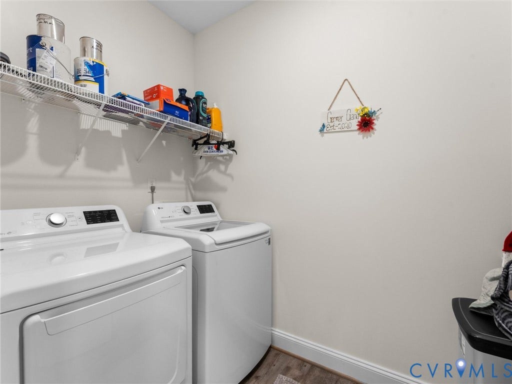 8200 Madeline Court, Strath Woods, Henrico, VA 23231 Dedicated laundry area featuring wire shelving, wood-finish flooring, and baseboard trim