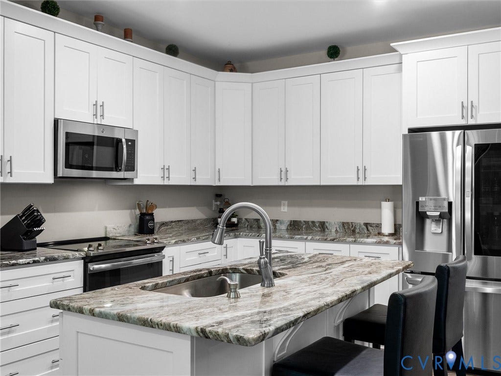 8200 Madeline Court, Strath Woods, Henrico, VA 23231 Kitchen featuring white shaker-style cabinetry, a large central island with a double basin sink, stainless steel appliances, a built-in microwave, and patterned stone countertops