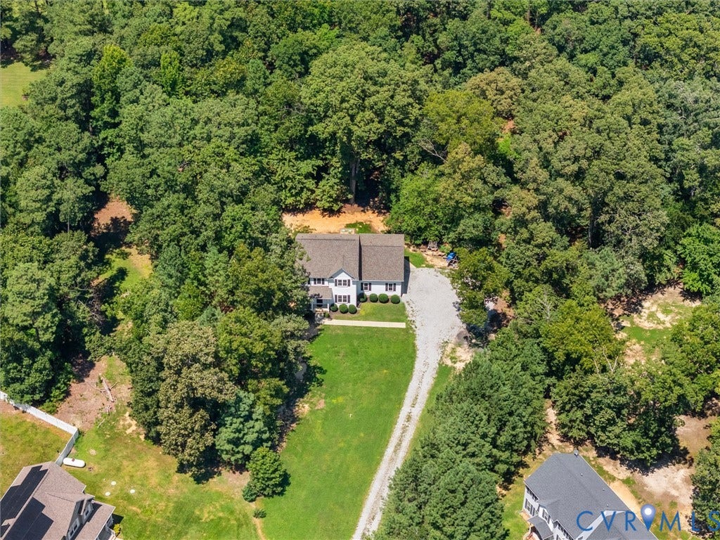 8200 Madeline Court, Strath Woods, Henrico, VA 23231 Aerial perspective showcasing a two-story residence with a gabled roof, surrounded by extensive mature tree coverage
