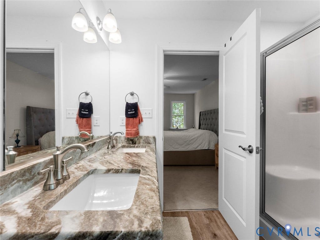 8200 Madeline Court, Strath Woods, Henrico, VA 23231 Dual vanity with undermount sinks and a patterned countertop
