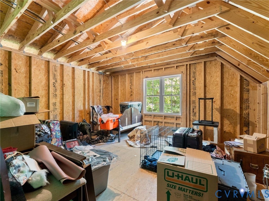 8200 Madeline Court, Strath Woods, Henrico, VA 23231 Unfinished bonus room featuring exposed wooden rafters and wall studs, oriented strand board walls, and a casement window