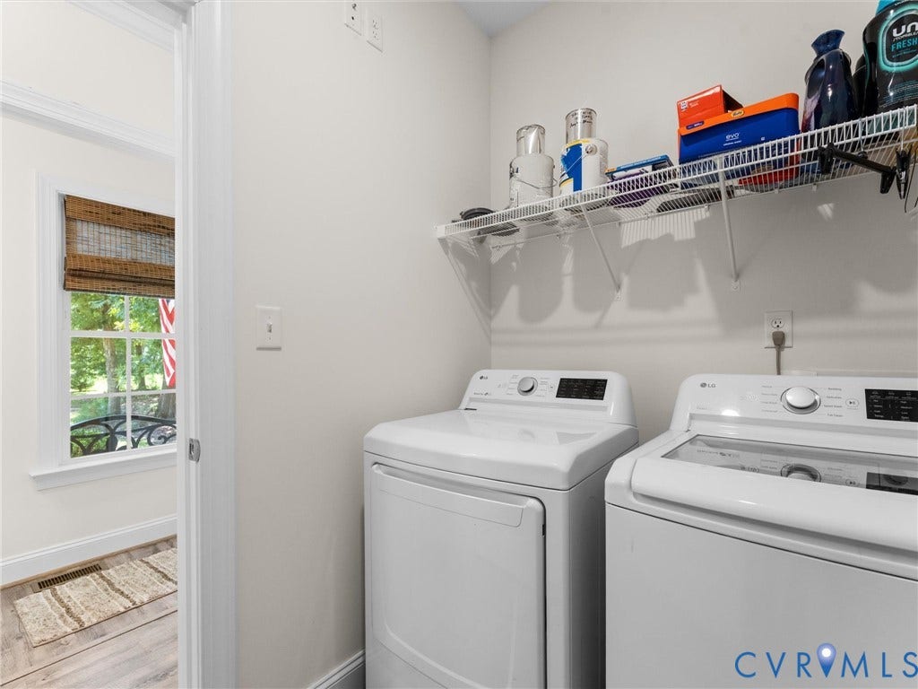 8200 Madeline Court, Strath Woods, Henrico, VA 23231 Dedicated laundry area featuring a white wire shelving unit, electrical outlets, and light-toned walls