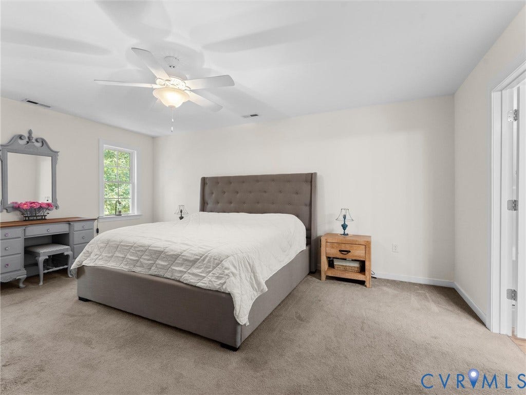 8200 Madeline Court, Strath Woods, Henrico, VA 23231 Carpeted room featuring a ceiling fan, a window with exterior views, and neutral wall tones
