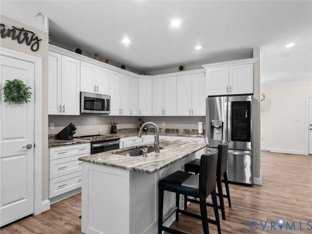 8200 Madeline Court, Strath Woods, Henrico, VA 23231 Modern kitchen featuring white shaker cabinetry, stainless steel appliances, and wood-finish flooring