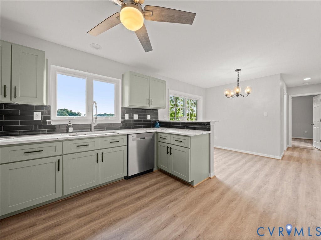 2224 Highland Drive, Powhatan, VA 23139 Kitchen featuring sage cabinetry, white countertops, black subway tile backsplash, and stainless steel appliances